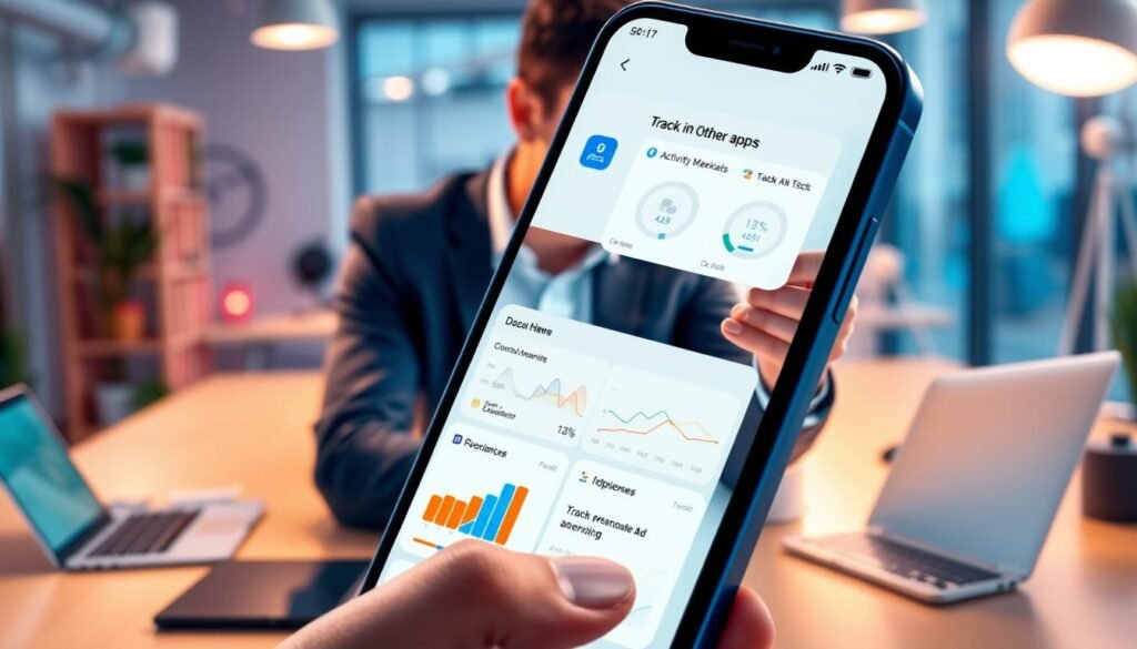 An illustration of a modern mobile application interface showcasing the "Track In Other Apps" feature. In the foreground, a smartphone displays an intuitive app screen filled with charts and graphs representing user activity tracking and personalized ad suggestions. In the middle, a professional user, dressed in smart casual attire, interacts with the smartphone, analyzing data with a focused expression. The background features a vibrant workspace, with hints of technology like laptops and more mobile devices, illuminating a high-tech environment. Soft, ambient lighting bathes the scene, creating a contemporary and engaging atmosphere, emphasizing productivity and digital connectivity. The angle is slightly tilted to provide a dynamic view of the app interface in use.