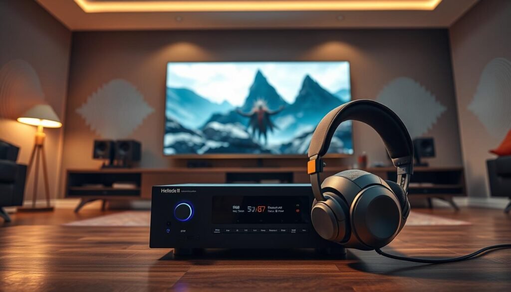 An immersive setup for optimal audio experience for a home console, showcasing a sleek, modern living room environment. In the foreground, a high-end audio receiver and a pair of stylish, over-ear headphones with a micro-foam cushion are prominently displayed. The middle layer features a gaming console with glowing LED indicators, alongside a large, flat-screen TV displaying a breathtaking scene from Hellblade II. The background reveals soundwave patterns subtly integrated into the walls, hinting at advanced acoustics. Soft, warm lighting adds a cozy atmosphere, while a low angle captures the entire setup dramatically. The mood is focused on the excitement and depth of 3D binaural audio, inviting viewers to imagine an innovative auditory journey. An immersive setup for optimal audio experience for a home console, showcasing a sleek, modern living room environment. In the foreground, a high-end audio receiver and a pair of stylish, over-ear headphones with a micro-foam cushion are prominently displayed. The middle layer features a gaming console with glowing LED indicators, alongside a large, flat-screen TV displaying a breathtaking scene from Hellblade II. The background reveals soundwave patterns subtly integrated into the walls, hinting at advanced acoustics. Soft, warm lighting adds a cozy atmosphere, while a low angle captures the entire setup dramatically. The mood is focused on the excitement and depth of 3D binaural audio, inviting viewers to imagine an innovative auditory journey.