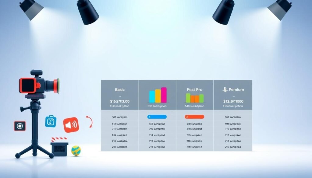 An infographic-style comparison chart featuring subscription price packages for various video generation platforms. In the foreground, display vibrant icons or symbols representing each platform, such as video cameras, editing tools, and streaming symbols, with their respective subscription prices clearly illustrated. In the middle, include a sleek, modern layout showing three to five platforms side by side with colored bars or graphics indicating subscription tiers (e.g., Basic, Pro, Premium) and features offered. The background should be a subtle gradient of blue and white, creating a professional atmosphere, with soft spotlights illuminating the chart from above to enhance clarity. The overall mood should convey a sense of modern technology and accessibility, suitable for an informative analysis. An infographic-style comparison chart featuring subscription price packages for various video generation platforms. In the foreground, display vibrant icons or symbols representing each platform, such as video cameras, editing tools, and streaming symbols, with their respective subscription prices clearly illustrated. In the middle, include a sleek, modern layout showing three to five platforms side by side with colored bars or graphics indicating subscription tiers (e.g., Basic, Pro, Premium) and features offered. The background should be a subtle gradient of blue and white, creating a professional atmosphere, with soft spotlights illuminating the chart from above to enhance clarity. The overall mood should convey a sense of modern technology and accessibility, suitable for an informative analysis.