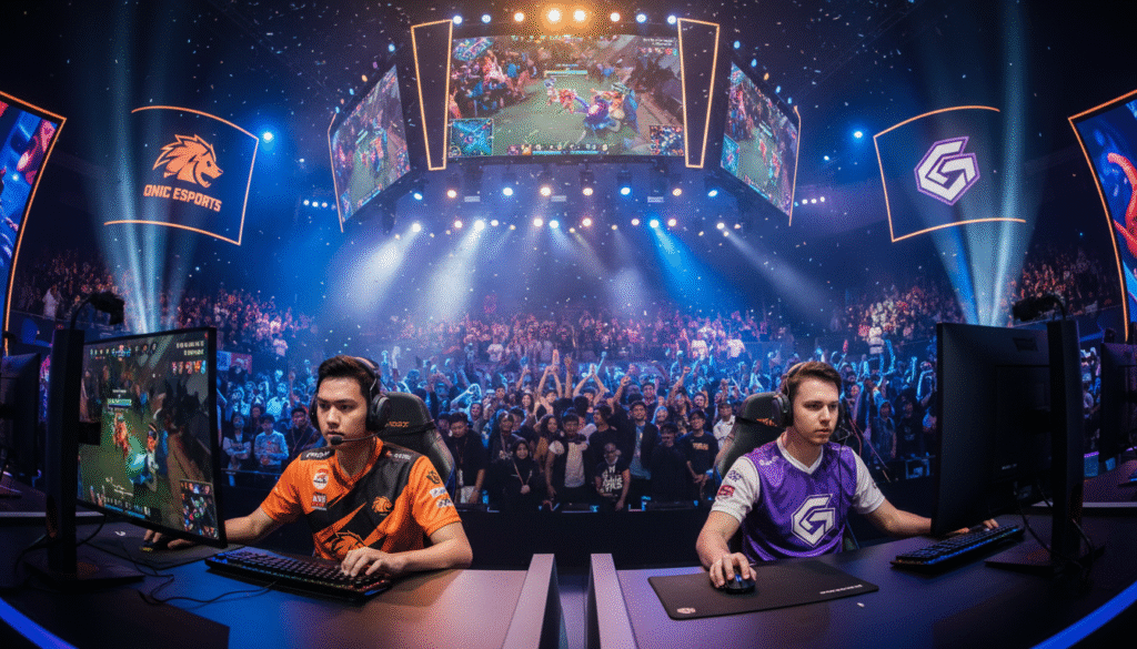 Vibrant and dynamic scene capturing a high-stakes esports showdown between ONIC Esports and Geek Fam ID. In the foreground, two professional gamers, one wearing a sleek ONIC jersey and the other in a Geek Fam ID shirt, are intensely focused on their gaming screens, fingers poised on their keyboards. The middle ground showcases a large arena filled with cheering fans, colorful lights pulsing in rhythm to the excitement, and large screens displaying the game in action. The background features an impressive esports stage adorned with bright banners of both teams. The atmosphere is electric and charged with anticipation, highlighting the competitive spirit of esports. Use dramatic lighting to emphasize the players' concentration and the vivid colors of the arena, captured from a slightly low angle to enhance the intensity of the scene.