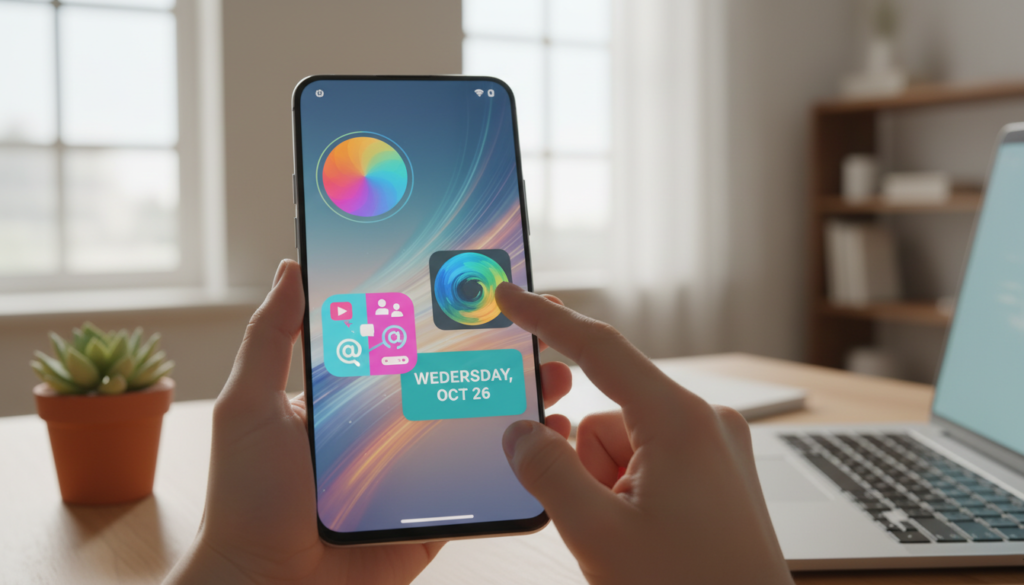 A close-up view of a modern Android smartphone being customized, showing a user's hands gently dragging a colorful widget onto the home screen. The foreground features the finger in focus interacting with the device, while lively widget designs like weather, clock, and social media icons are prominently displayed on the vibrant home screen. In the middle ground, a stylish desk setup includes a laptop and a plant, enhancing the atmosphere of productivity and creativity. The background showcases a softly lit room, bathed in natural light, with a neutral color palette for a calming effect. The overall mood is inviting and innovative, portraying the simplicity of adding and arranging widgets on an Android device, capturing the essence of modern technology.