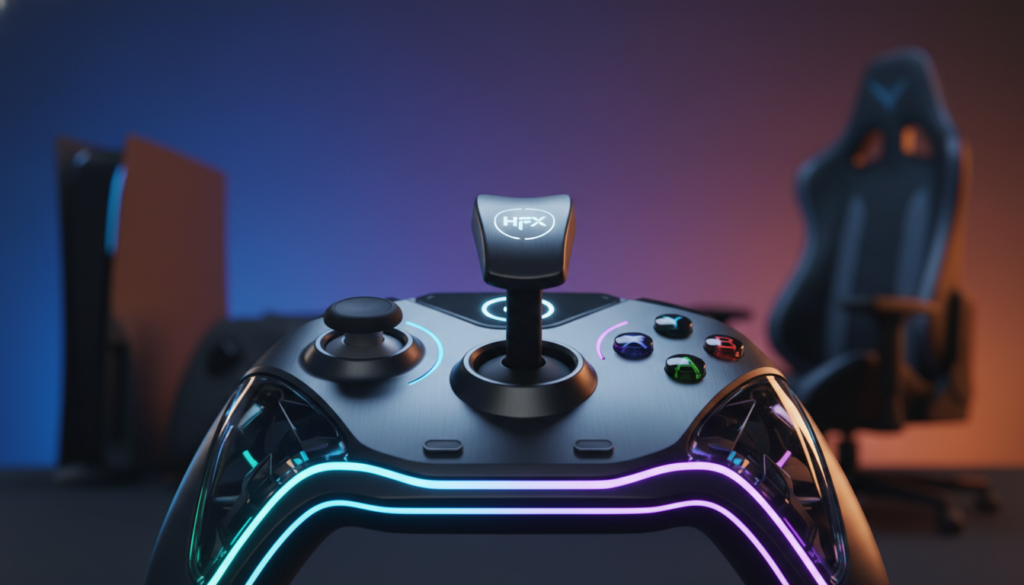 A close-up view of a state-of-the-art hall effect controller joystick prominently featured in the foreground, showcasing its sleek design and vibrant LED indicators. The joystick is positioned against a soft gradient background that hints at a gaming environment, with subtle silhouettes of gaming consoles and chairs blurred in the middle ground. Soft, ambient lighting casts a gentle glow, highlighting the precision mechanics of the controller while creating an engaging, high-tech atmosphere. The angle is slightly tilted to give a dynamic perspective and emphasize the joystick's ergonomic shape. The overall mood is immersive and innovative, reflecting the superior gaming experience offered by hall effect technology.