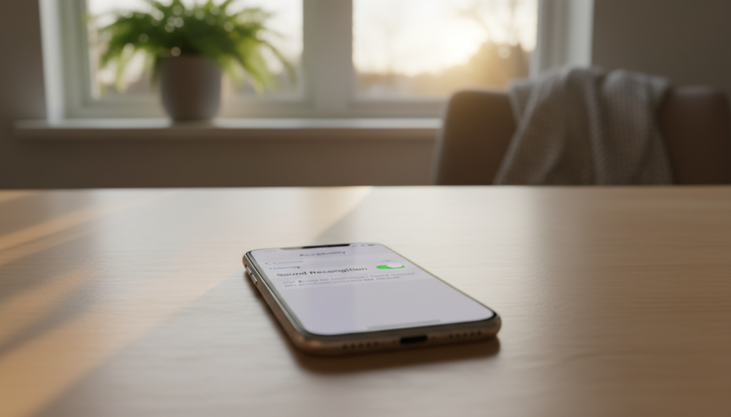 A close-up view of an iPhone displaying the settings menu for activating Sound Recognition, focusing on the toggle switch labeled "Sound Recognition" illuminated on the screen. The phone is set on a clean, sleek wooden table, with subtle reflections of light reflecting softly off the surface. In the background, blurred elements of a cozy home environment are visible, such as a potted plant and soft natural light filtering through a window, creating a warm and inviting atmosphere. The overall mood is calm and focused, suggesting a moment of preparation and attention to accessibility features. The perspective is slightly angled, emphasizing the phone while maintaining a professional, tidy appearance throughout the setting. No text, watermarks, or objects unrelated to the main subject are included.