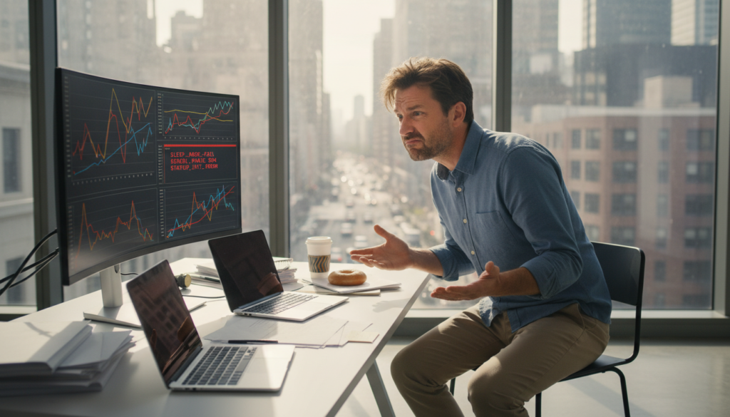 A frustrated startup manager in a modern office setting, wearing business casual attire, sits at a sleek desk cluttered with open laptops and paperwork. The manager has a puzzled expression, glancing at a monitor showing a chaotic array of graphs and error messages related to a flawed sleep mode and startup management. In the background, a large window reveals a busy cityscape, with bright sunlight pouring in, casting soft shadows across the room. The atmosphere feels tense yet comedic, highlighting the irony of technological mishaps. The focus is sharp on the manager, while the background has a slight blur to emphasize the chaos of the digital tools failing him. The image should evoke a sense of urgency and light-hearted frustration.