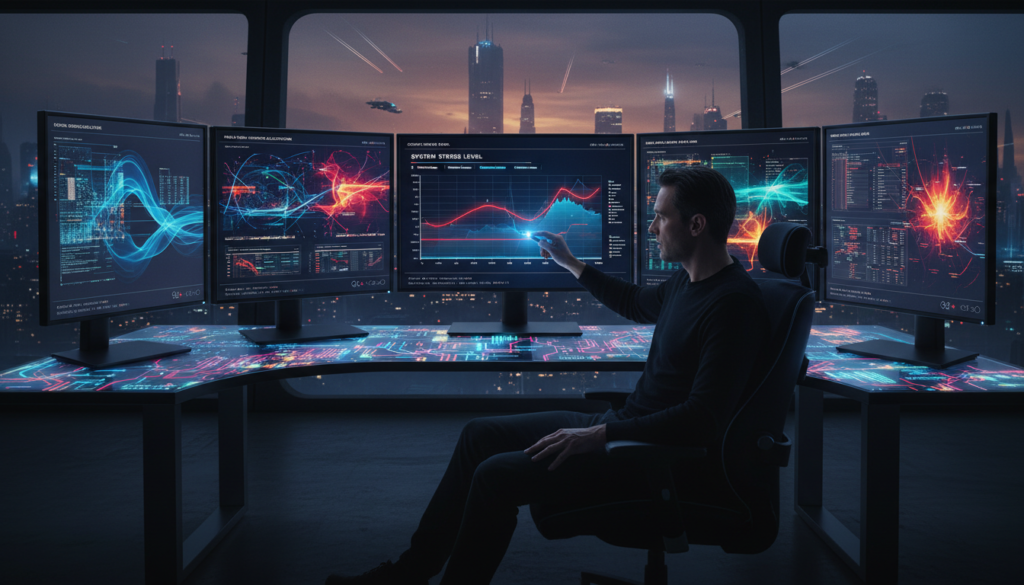 A futuristic computer workstation in a dimly lit room, showcasing multiple monitors with colorful graphs and data visualizations representing real-time system monitoring. In the foreground, a professional-looking individual in smart casual attire, focused on analyzing the data on the screens, highlighting the stress on system performance. The middle layer features glowing LED indicators and intricate circuit-board patterns, illustrating the complexity of resource management. In the background, a city skyline is faintly visible through large windows, with a moody twilight ambiance, creating a sense of urgency and the weight of technological burden. Soft lighting emphasizes the intense focus of the individual, casting subtle shadows to enhance the atmosphere.