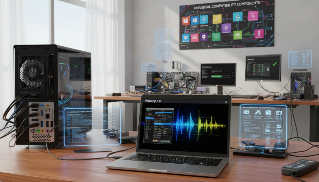 A modern workspace showcasing computer compatibility with software, featuring a desktop PC equipped with various connectivity ports, such as USBs and HDMI, surrounded by informative charts on system requirements. In the foreground, a sleek laptop displaying the Winamp 5.8 interface, illuminated by soft, focused lighting, highlights its vibrant colors. The middle-ground includes a wide table scattered with tech devices, wires, and a small monitor, depicting installation processes. In the background, a vibrant tech-themed wall poster illustrates system compatibility components like operating systems and hardware specifications. The scene is bright, inviting, and emphasizes technological connection and functionality, creating an atmosphere of discovery and exploration.