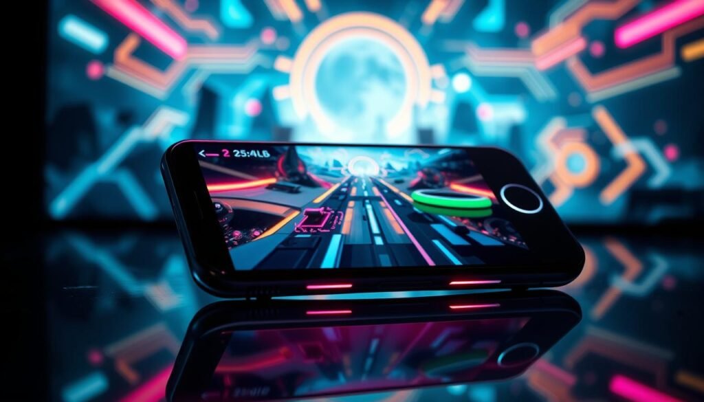 A sleek, modern smartphone designed for gaming, showcased prominently in the foreground with subtle reflections on a glossy surface. The phone's design features vibrant colors and futuristic elements, such as LED accents and a high-refresh-rate display. In the background, an energetic gaming scene blends elements of a digital landscape with glowing circuit patterns and abstract shapes to evoke a sense of advanced technology. Soft, dynamic lighting casts engaging shadows, enhancing the phone's features while creating an immersive atmosphere. The overall mood is exciting and futuristic, appealing to young gamers. The composition presents a slightly angled view to highlight the phone’s screen while maintaining a professional appearance, ensuring it's suitable for use in an article without any text or distractions.