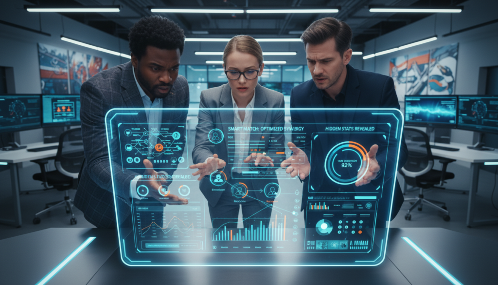 A strategic game scene focused on smarter matchmaking, featuring a diverse group of three individuals dressed in professional business attire, gathered around a digital screen displaying complex game statistics and player roles. The foreground highlights their focused expressions as they discuss tactics, with hand gestures indicating debate and agreement. In the middle, the glowing screen illuminates a colorful interface showcasing hidden stats and matchmaking insights. The background reveals a modern, tech-savvy office space with sleek furniture and gaming elements. The lighting is bright and dynamic, creating an atmosphere of concentration and enthusiasm. The angle captures a slightly overhead perspective, allowing viewers to see both the group and the screen details clearly, reinforcing the theme of strategic collaboration in competitive gaming.