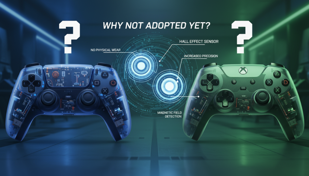 A stylized composite image illustrating a comparison between traditional joystick controllers used by Sony PlayStation and Microsoft Xbox, and advanced Hall Effect joystick technology. In the foreground, prominently feature a detailed PlayStation controller with a slight glow, next to an Xbox controller with a realistic finish, both showcasing their inner workings with transparent sections. In the middle, include visually striking graphics of Hall Effect sensors, labeled with technical details, surrounded by a circuit board design. The background should fade into a sleek, modern gaming atmosphere, with dim lighting highlighting the controllers, and a soft gradient transitioning from blue to green, evoking a sense of innovation and technological advancement. The mood should be thoughtful, hinting at the inquiry of why these giants haven't adopted Hall Effect technology yet.
