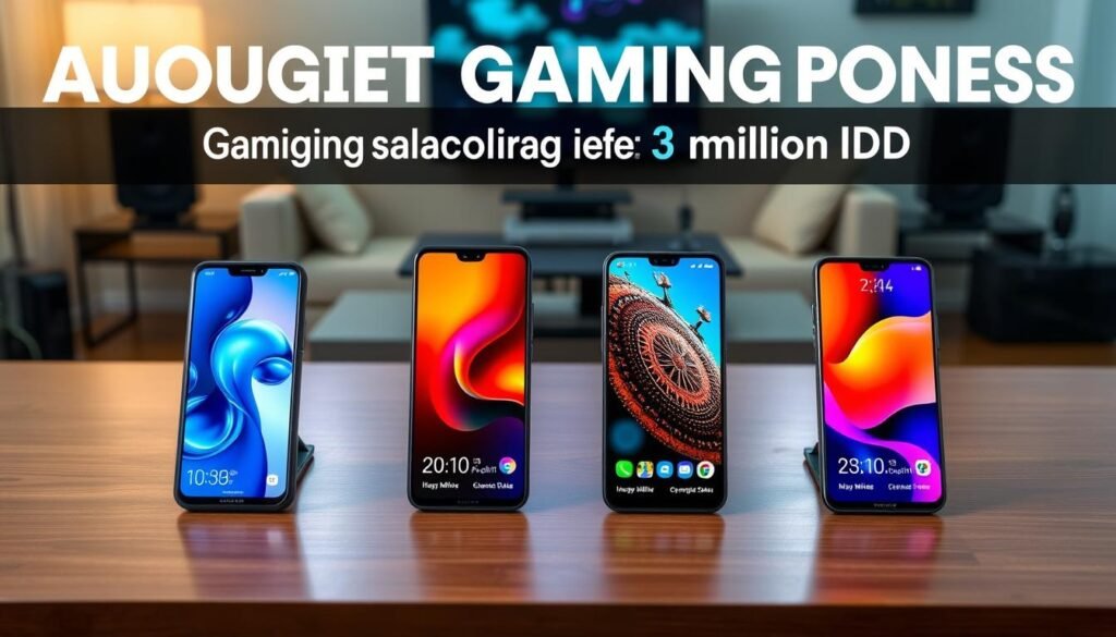 A vibrant and engaging comparison of four affordable gaming smartphones under 3 million IDR, displayed prominently on a sleek wooden table. The foreground features the phones arranged aesthetically, each showcasing its unique design and screen interface, illuminated by soft, ambient lighting to highlight the details. The middle ground includes subtle digital graphics representing their battery life and performance metrics, blending seamlessly into the scene. In the background, a cozy gaming setup with a soft-focus creates a relaxed yet focused atmosphere, suggesting an inviting gaming environment. The overall mood is energetic and informative, evoking excitement about the latest budget-friendly gaming technology in 2026.