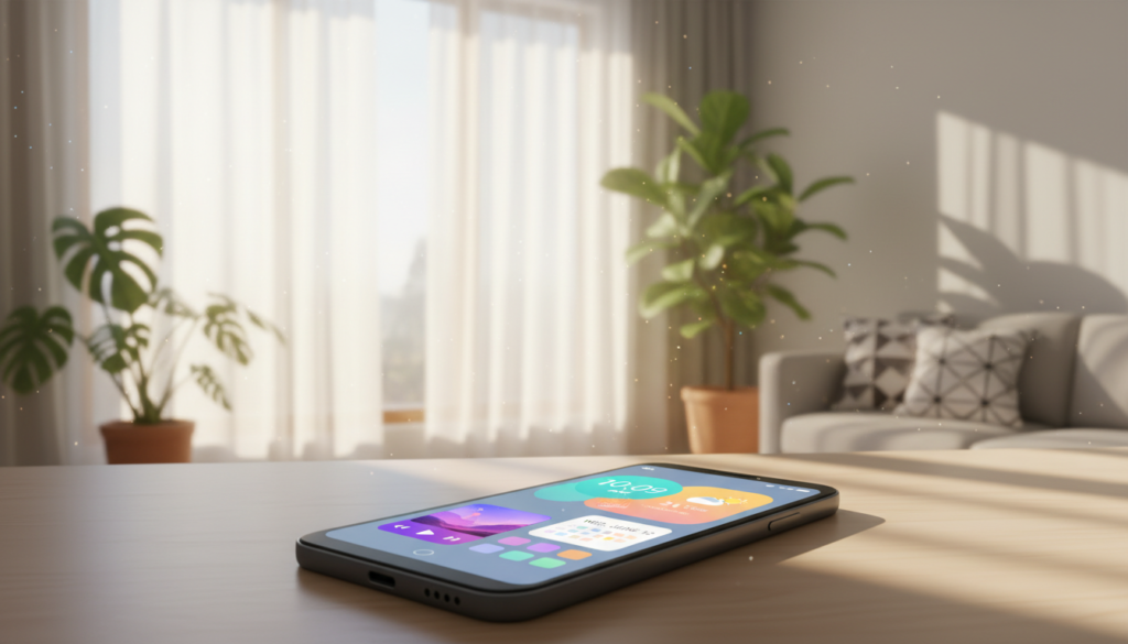 A vibrant digital illustration showcasing an Android smartphone’s home screen, prominently displaying various colorful widgets representing time, weather, calendar, and music. In the foreground, a sleek Android device rests on a modern desk, with soft natural light illuminating its screen, highlighting the widgets’ functionality. In the middle, a blurred view of a contemporary living space creates an inviting atmosphere, adorned with indoor plants and stylish decor. The background features a large window allowing warm sunlight to spill in, enhancing the overall cheerful mood. Capture an inspiring, tech-savvy vibe, emphasizing how these widgets can enhance user experience and organization on smartphones, with a soothing color palette that feels modern and fresh.