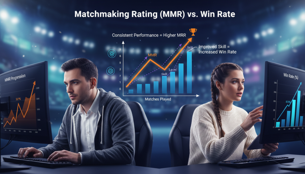 A visually engaging infographic depicting the comparison between MMR (Matchmaking Rating) and win rate in competitive gaming. In the foreground, a split screen shows two professional gamers focused on a gaming setup, both wearing smart casual attire, intensely analyzing data on their monitors. In the middle, a stylized graph illustrating the correlation between MMR and win rate rises dynamically, with colorful lines and data points connecting various statistics. The background features a blurred gaming arena atmosphere, with soft lights illuminating the gamers and screens, creating a vibrant and competitive mood. The overall color palette should be modern and appealing, emphasizing clarity and professionalism, while ensuring the image remains Safe For Work.