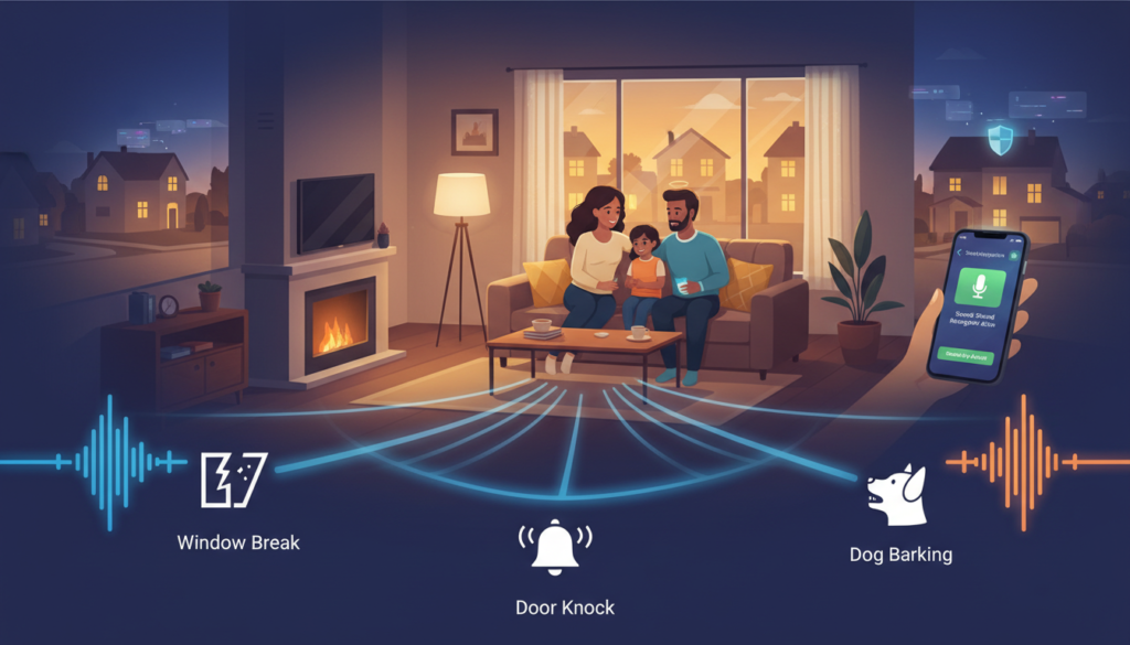 A visually striking and informative illustration depicting various important sounds for home security. In the foreground, a variety of sound wave graphics radiate outward, each labeled with icons representing different noises such as a window break, door knock, smoke alarm, and dog barking. In the middle ground, a well-lit living room scene features a family engaging with a smartphone displaying the iOS interface, with sound recognition and alert icons glowing softly. The background shows a serene suburban neighborhood at dusk, with warm lighting highlighting houses while hints of digital interfaces float around. The mood is calm yet alert, emphasizing vigilance in home security through modern technology. The setting should be inviting, with a focus on safety, showcasing a harmonious blend of family life and advanced security features.