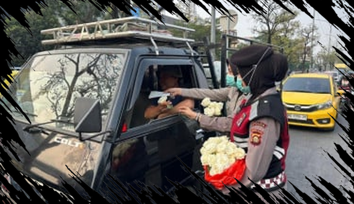 Polwan Polda Sumsel Bagikan 1.000 Masker dan Bunga untuk Mitigasi Dampak Karhutla